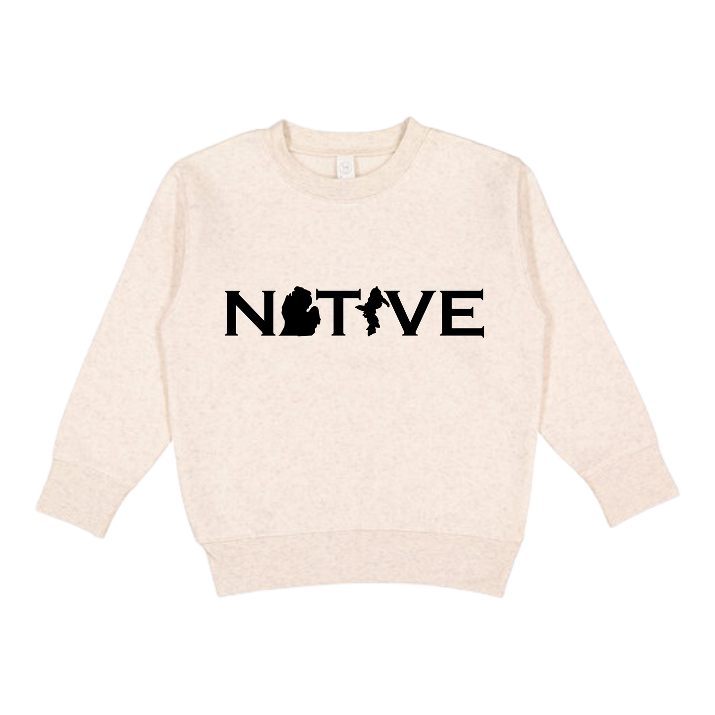 Natural colored toddler crewneck sweatshirt with MI Native design across the chest