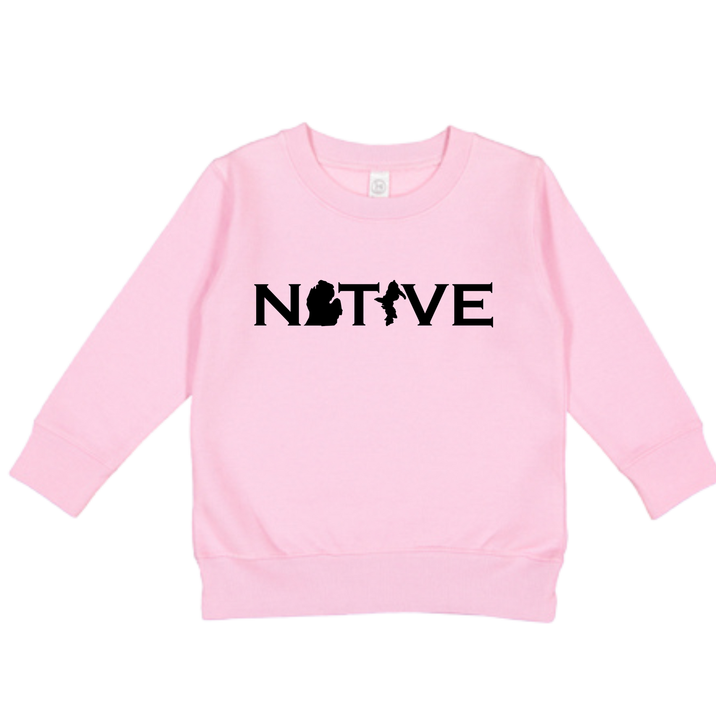 Pink toddler crewneck sweatshirt with MI Native design across the chest
