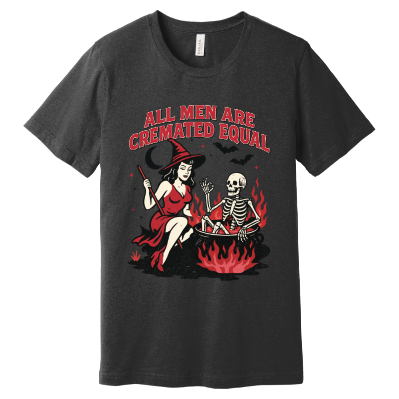 Dark Gray t-shirt featuring retro witch and skeleton sitting by fire with bats and moon in the background