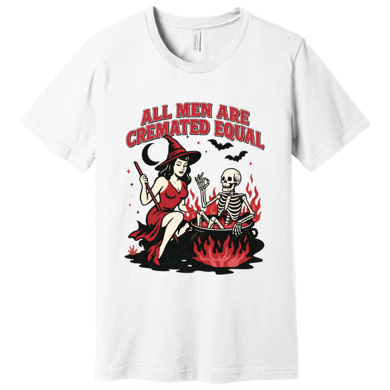 White t-shirt featuring retro witch and skeleton sitting by fire with bats and moon in the background