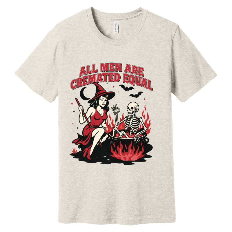 Natural colored t-shirt featuring retro witch and skeleton sitting by fire with bats and moon in the background