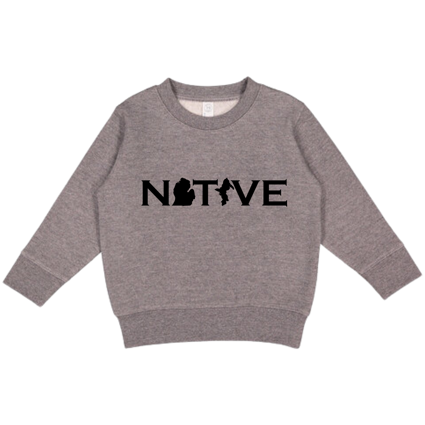 Gray toddler crewneck sweatshirt with MI Native design across the chest