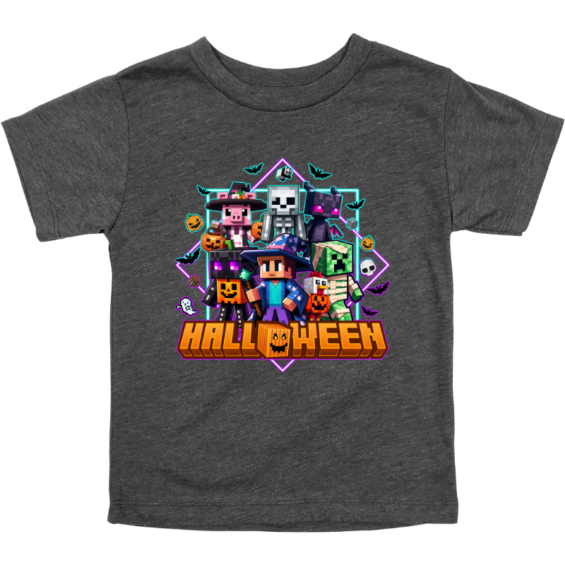 Dark Gray Heather Kids Halloween t-shirt with Minecraft-inspired pixel characters dressed in costumes surrounded by pumpkins, bats, and spooky details