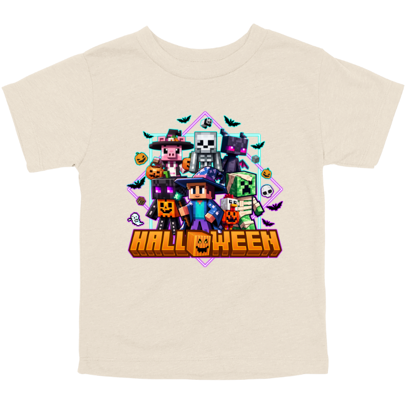 Natural Kids Halloween t-shirt with Minecraft-inspired pixel characters dressed in costumes surrounded by pumpkins, bats, and spooky details