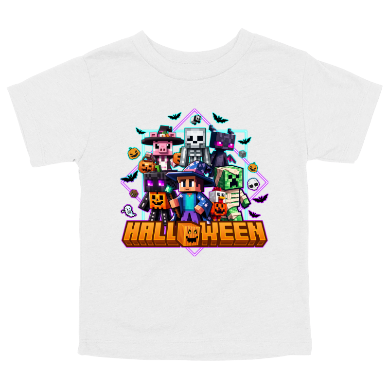 White Kids Halloween t-shirt with Minecraft-inspired pixel characters dressed in costumes surrounded by pumpkins, bats, and spooky details