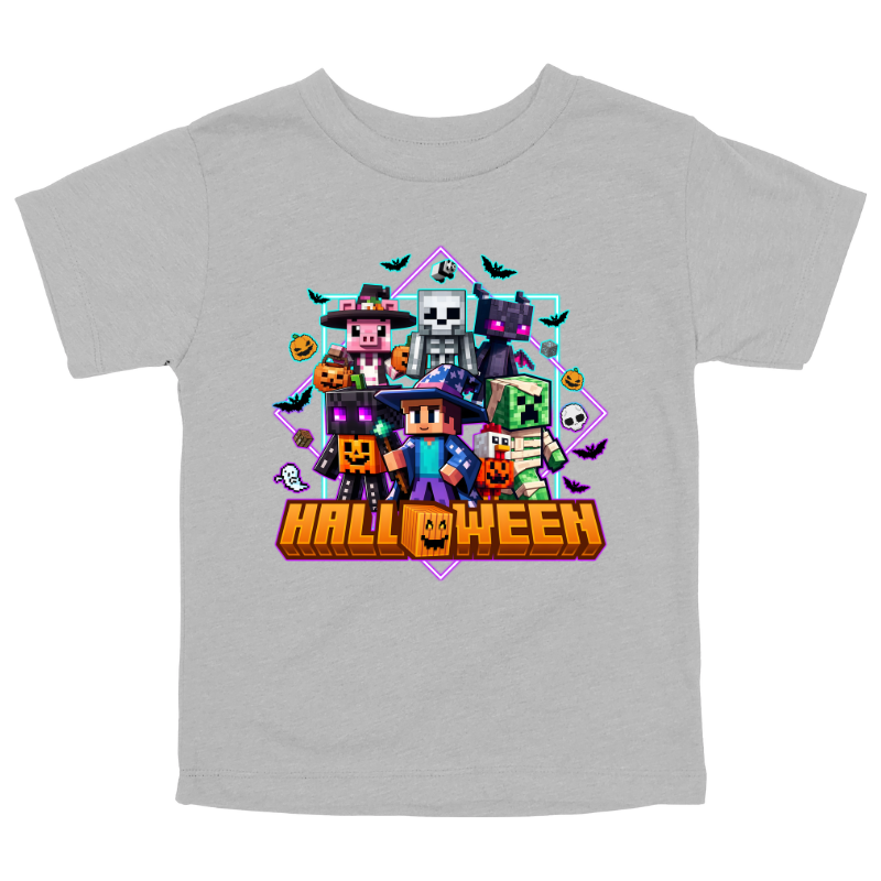 Athletic Gray Kids Halloween t-shirt with Minecraft-inspired pixel characters dressed in costumes surrounded by pumpkins, bats, and spooky details