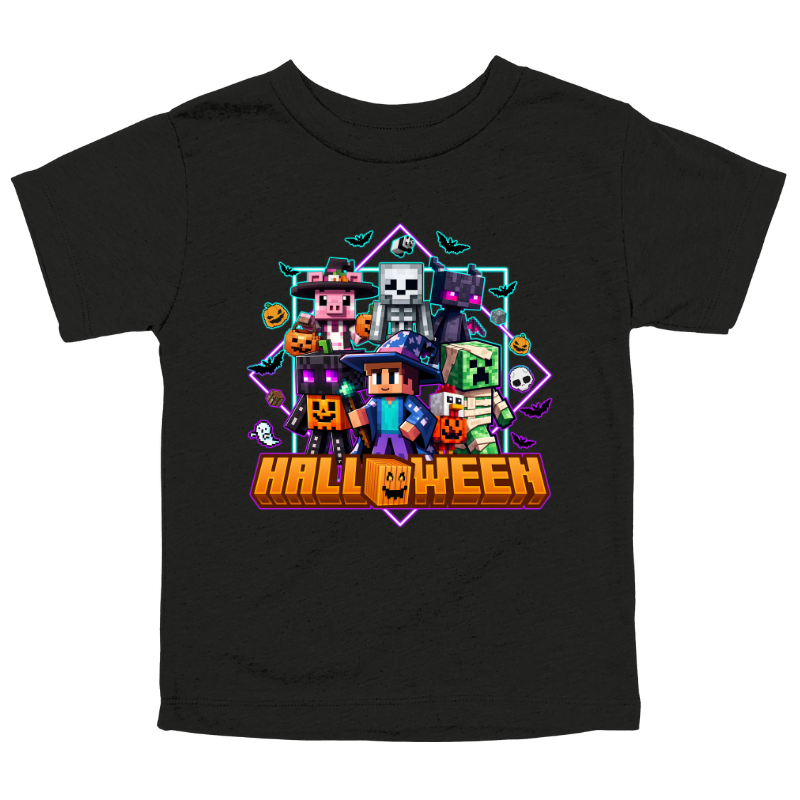 Black Kids Halloween t-shirt with Minecraft-inspired pixel characters dressed in costumes surrounded by pumpkins, bats, and spooky details