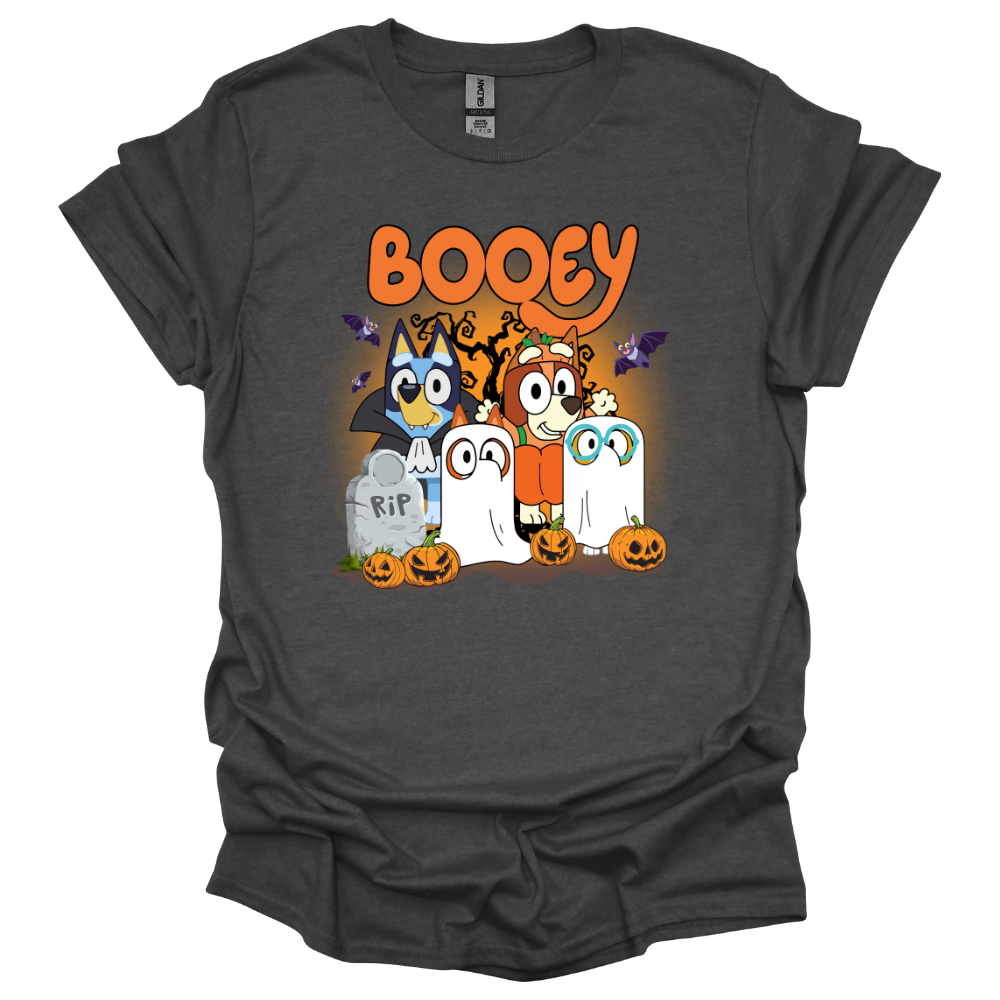 Dark Gray youth t-shirt featuring Bluey-inspired characters in Halloween costumes with the word "Booey," tombstones, pumpkins, bats, and spooky trees.