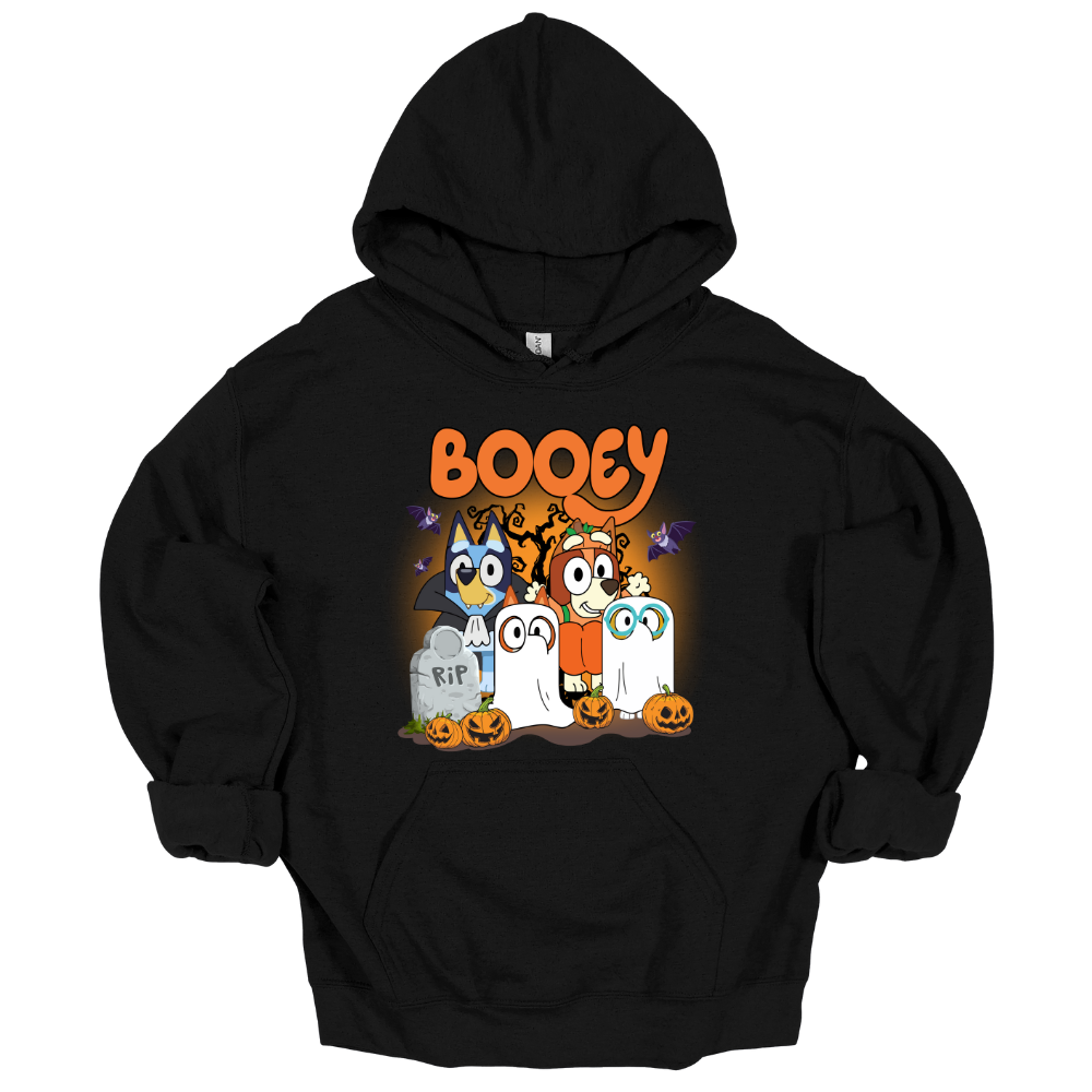 Black youth hoodie featuring Bluey-inspired characters in Halloween costumes with the word "Booey," tombstones, pumpkins, bats, and spooky trees.