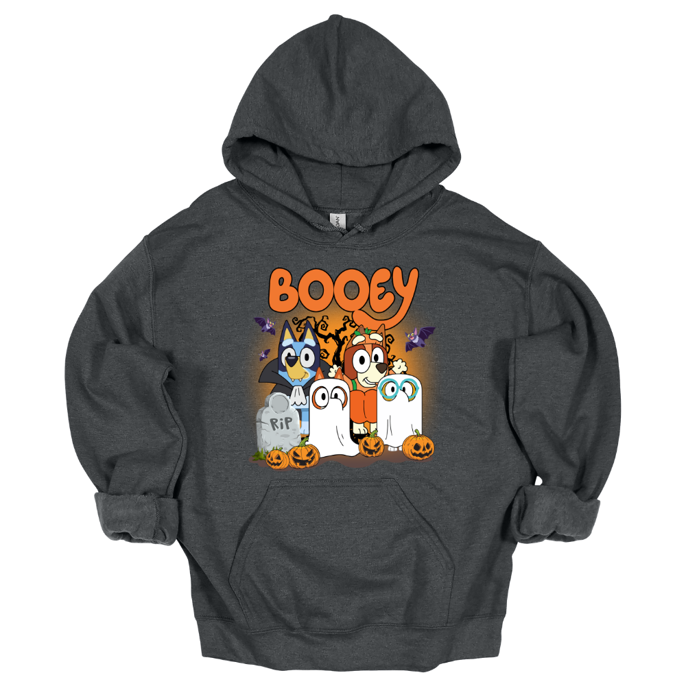 Dark Gray youth hoodie featuring Bluey-inspired characters in Halloween costumes with the word "Booey," tombstones, pumpkins, bats, and spooky trees.