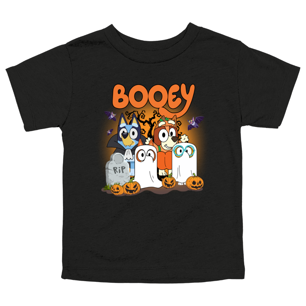 Black toddler Halloween T-shirt with cartoon bluey characters and pumpkins under “Booey” text