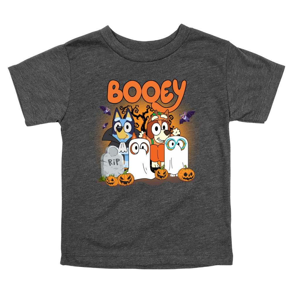 Dark gray toddler Halloween T-shirt with cartoon bluey characters and pumpkins under “Booey” text