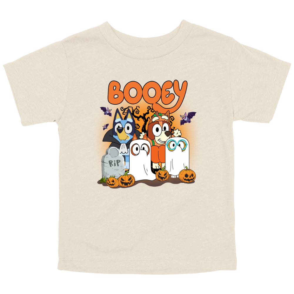 Natural colored toddler Halloween T-shirt with cartoon bluey characters and pumpkins under “Booey” text