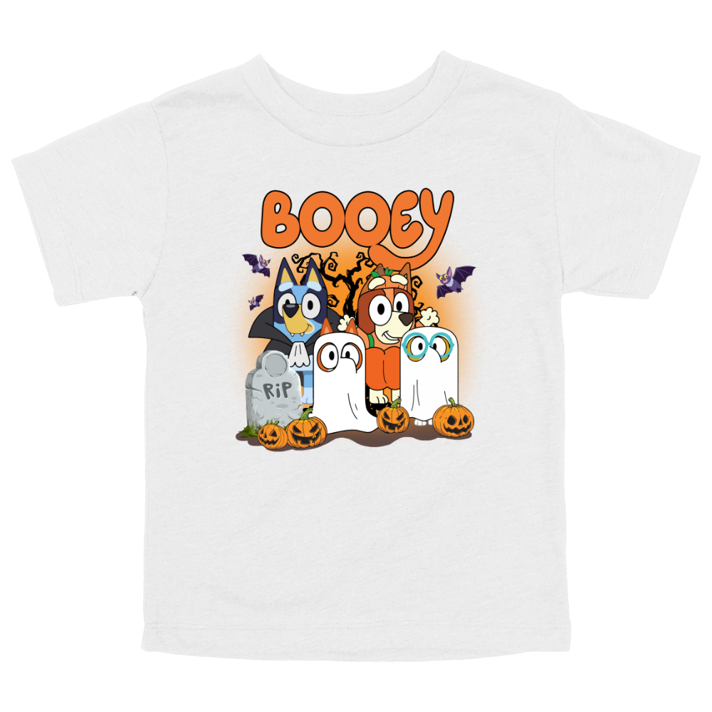 White toddler Halloween T-shirt with cartoon bluey characters and pumpkins under “Booey” text