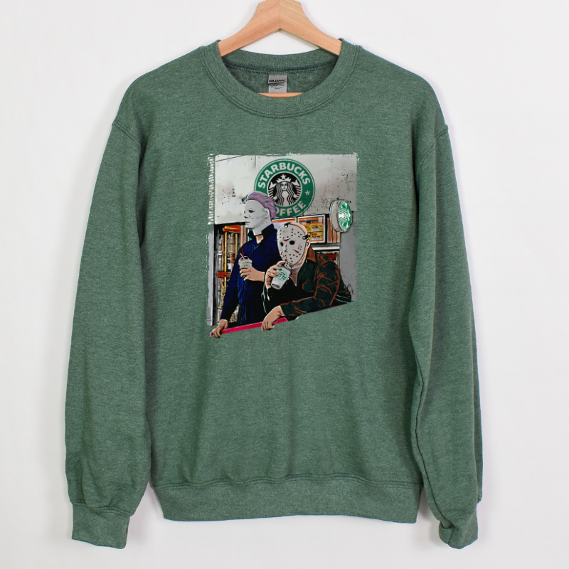 Michael Myers and Jason Voorhees - Caffeine Killers Coffee Crewneck - Heather Sport Green