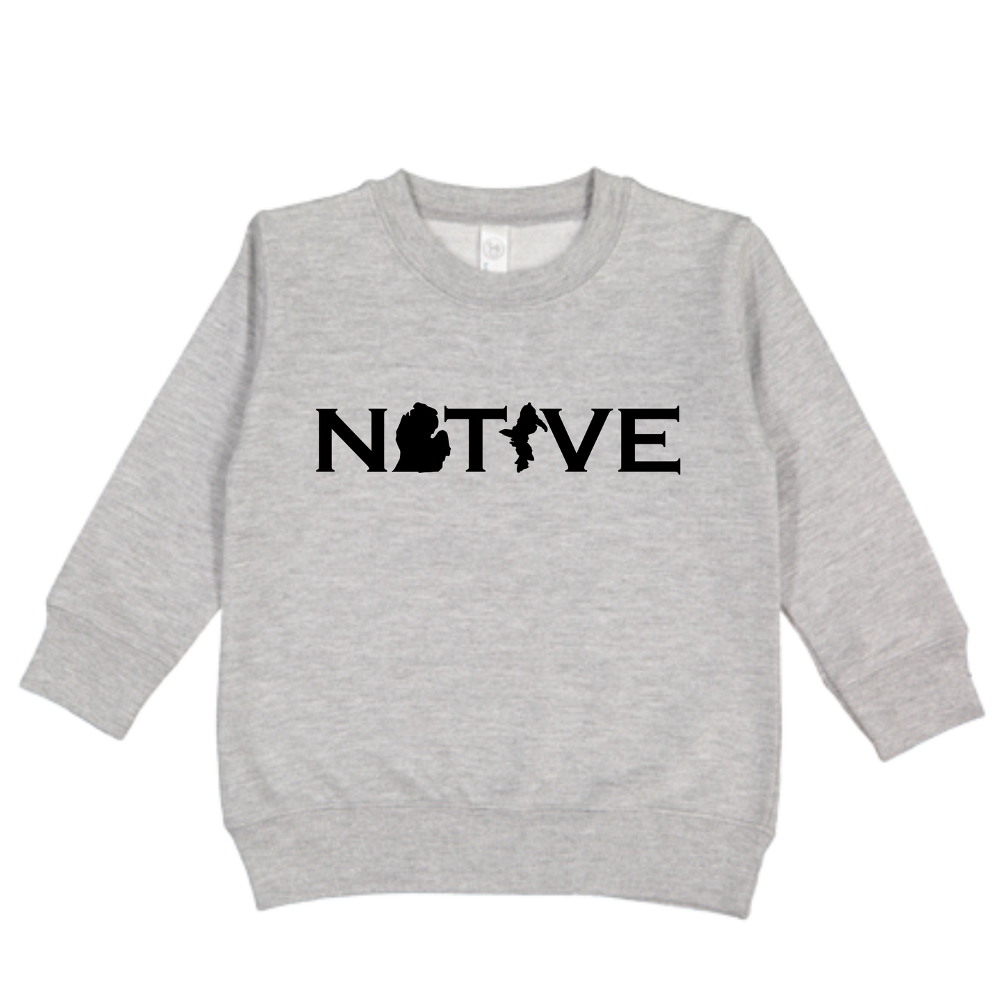 Light gray toddler crewneck sweatshirt with MI Native design across the chest