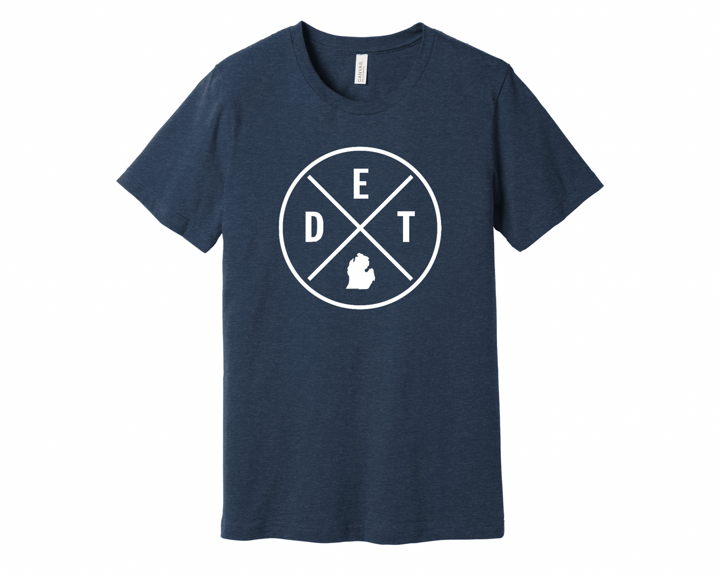The DET MI Tee is a navy colored t-shirt that features a minimalist circular design with "DET" and the Michigan state silhouette inside a cross-lined emblem. A bold and simple way to represent Detroit or Michigan pride