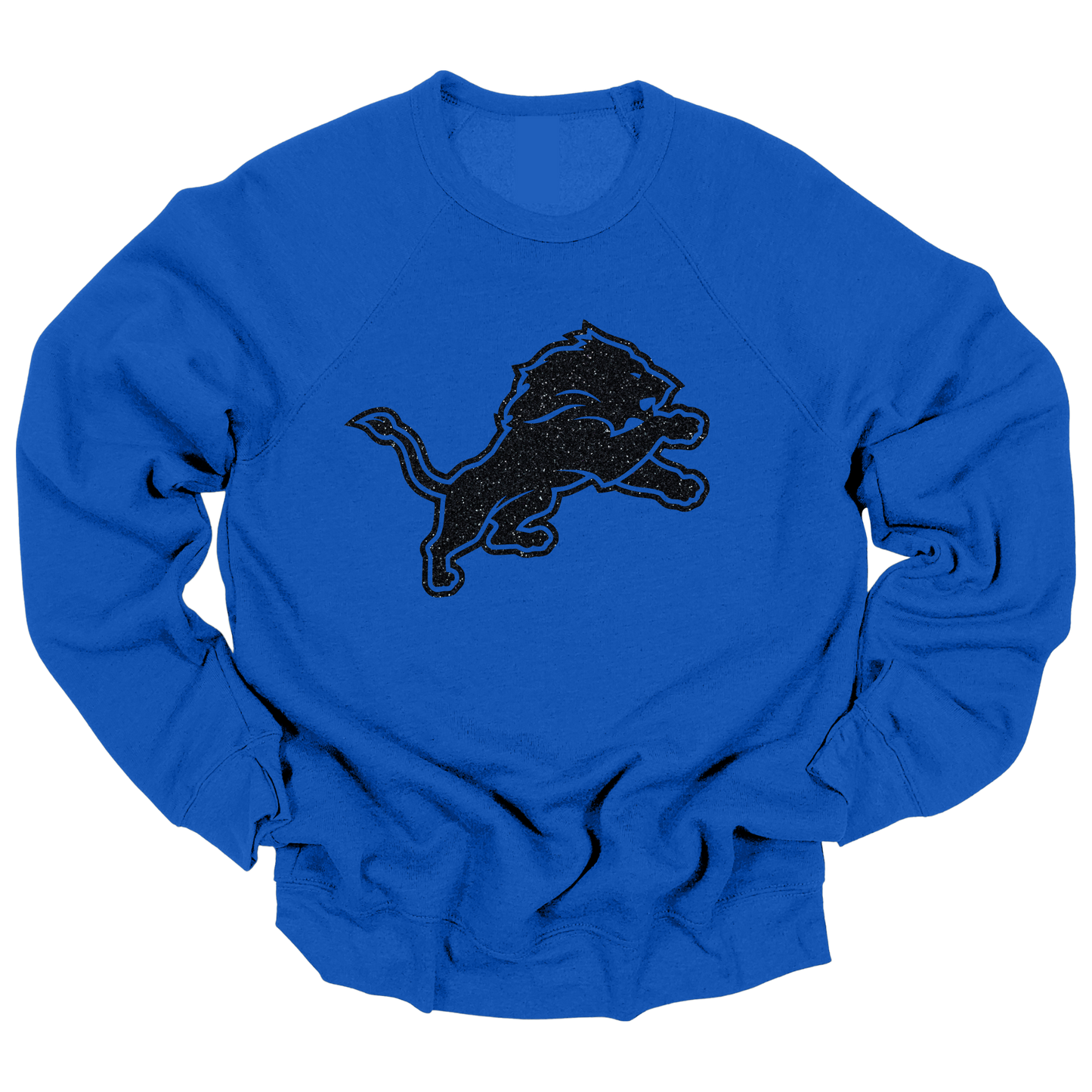 A blue crewneck sweatshirt featuring a bold, glittery black lion graphic in a leaping pose across the chest. The design has a vibrant, eye-catching look, perfect for Detroit football fans who want to show their team pride in style.