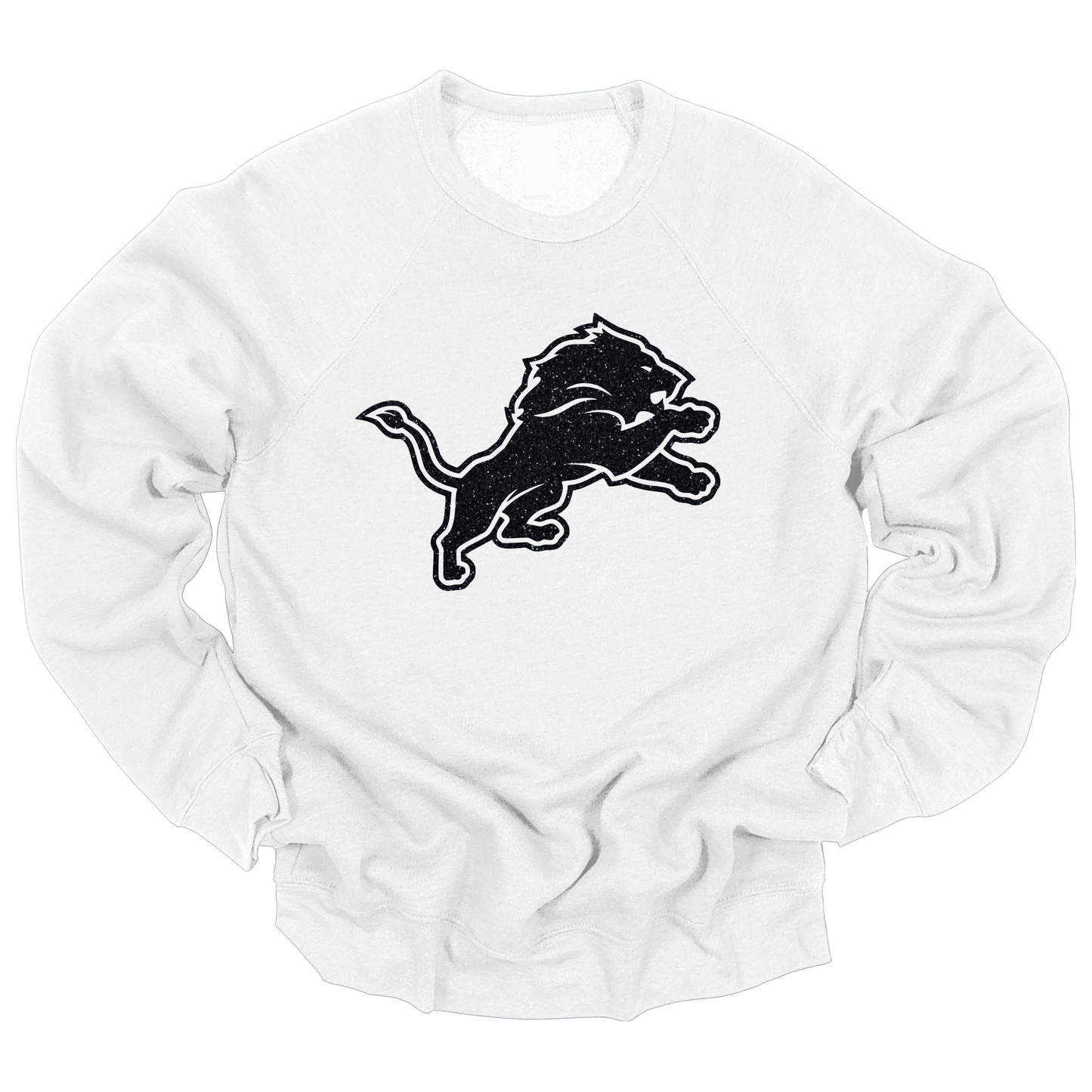 A white crewneck sweatshirt featuring a bold, glittery black lion graphic in a leaping pose across the chest. The design has a vibrant, eye-catching look, perfect for Detroit football fans who want to show their team pride in style.