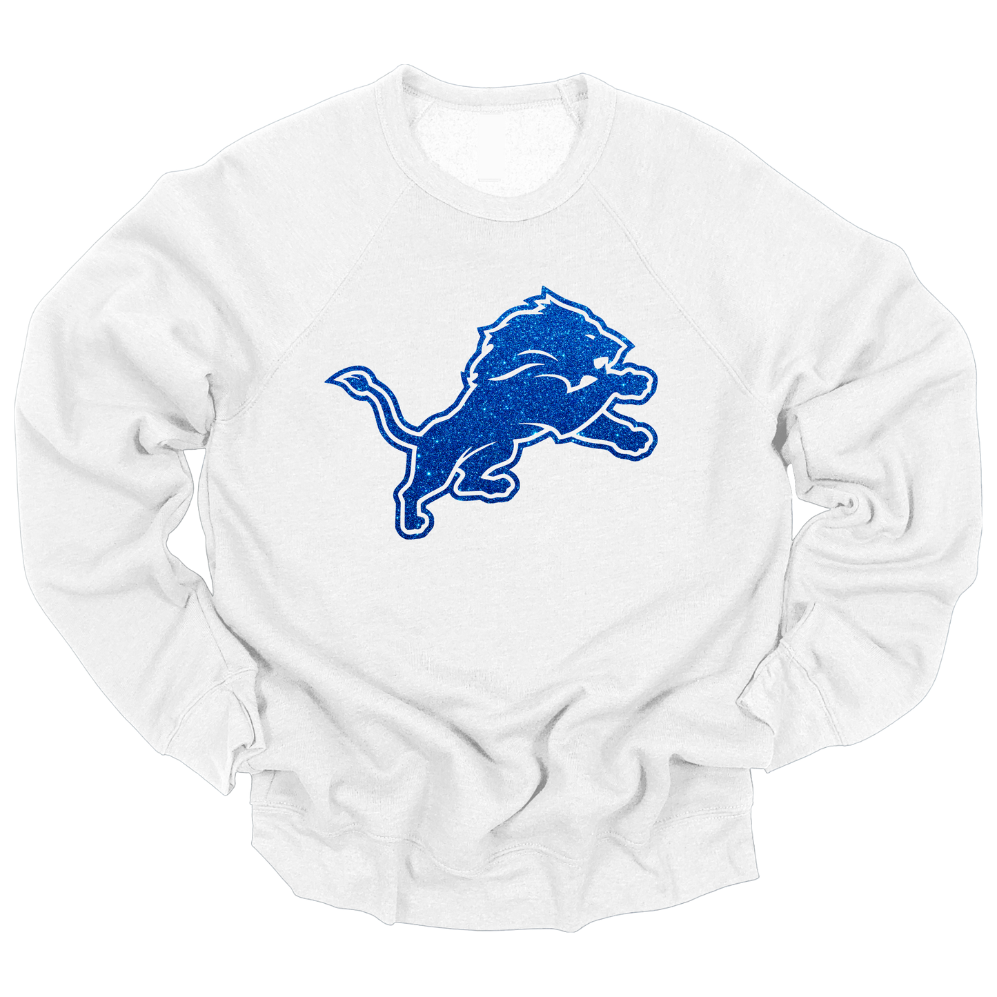 A white crewneck sweatshirt featuring a bold, glittery blue lion graphic in a leaping pose across the chest. The design has a vibrant, eye-catching look, perfect for Detroit football fans who want to show their team pride in style.