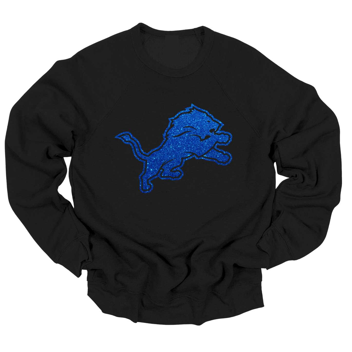 A black crewneck sweatshirt featuring a bold, glittery blue lion graphic in a leaping pose across the chest. The design has a vibrant, eye-catching look, perfect for Detroit football fans who want to show their team pride in style.