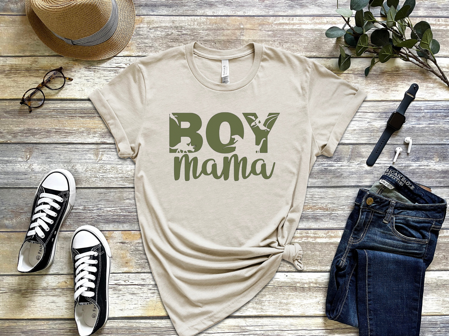 the Dino-Squad Mama tee is a natural color dino themed boy mom tee