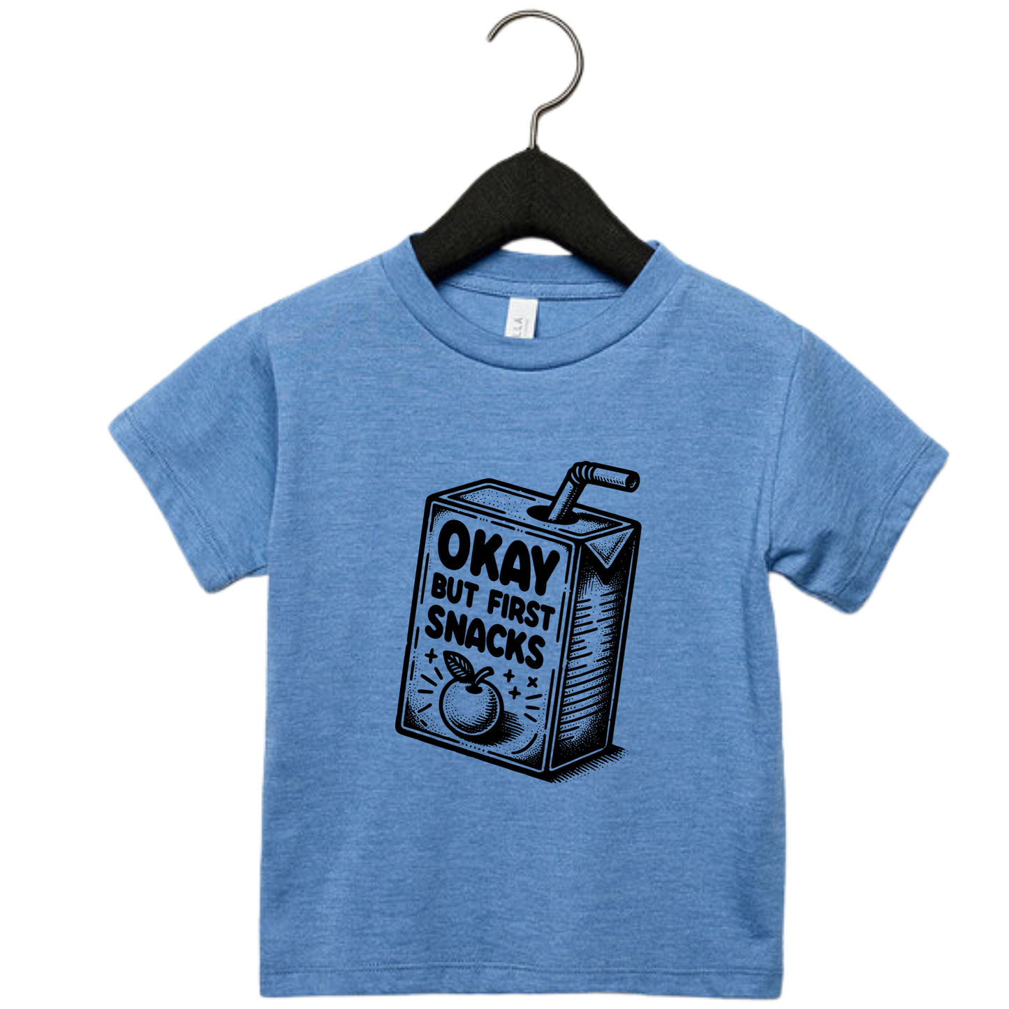 Toddler graphic tee with snack carton and the phrase ‘Okay But First Snacks’ – funny shirt for kids”