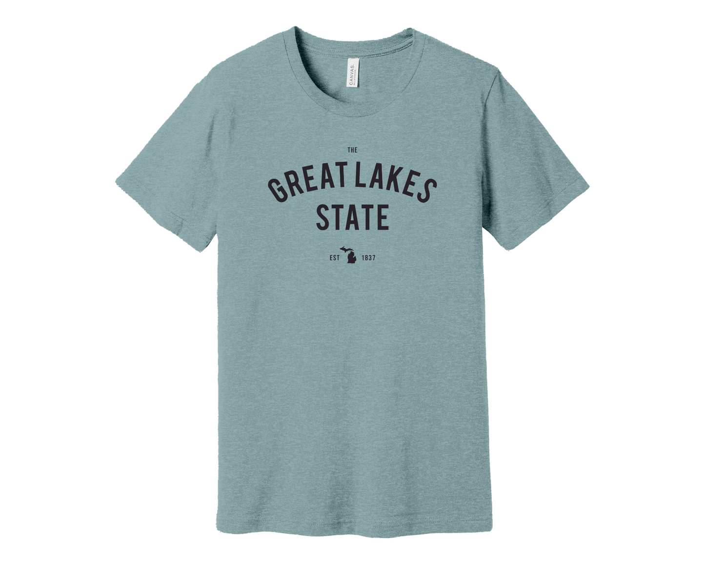 A classic tee in the color blue lagoon with 'The Great Lakes State' printed across the front in bold, arched lettering. Below, a small Michigan silhouette and 'EST. 1837' add a subtle state pride detail. The design has a timeless, minimal look, making it perfect for anyone who loves Michigan and the Great Lakes.
