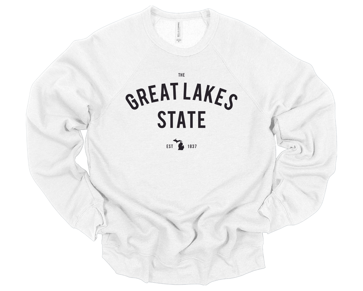 White unisex crewneck sweatshirt with arched “Great Lakes State” text and Michigan silhouette graphic in black