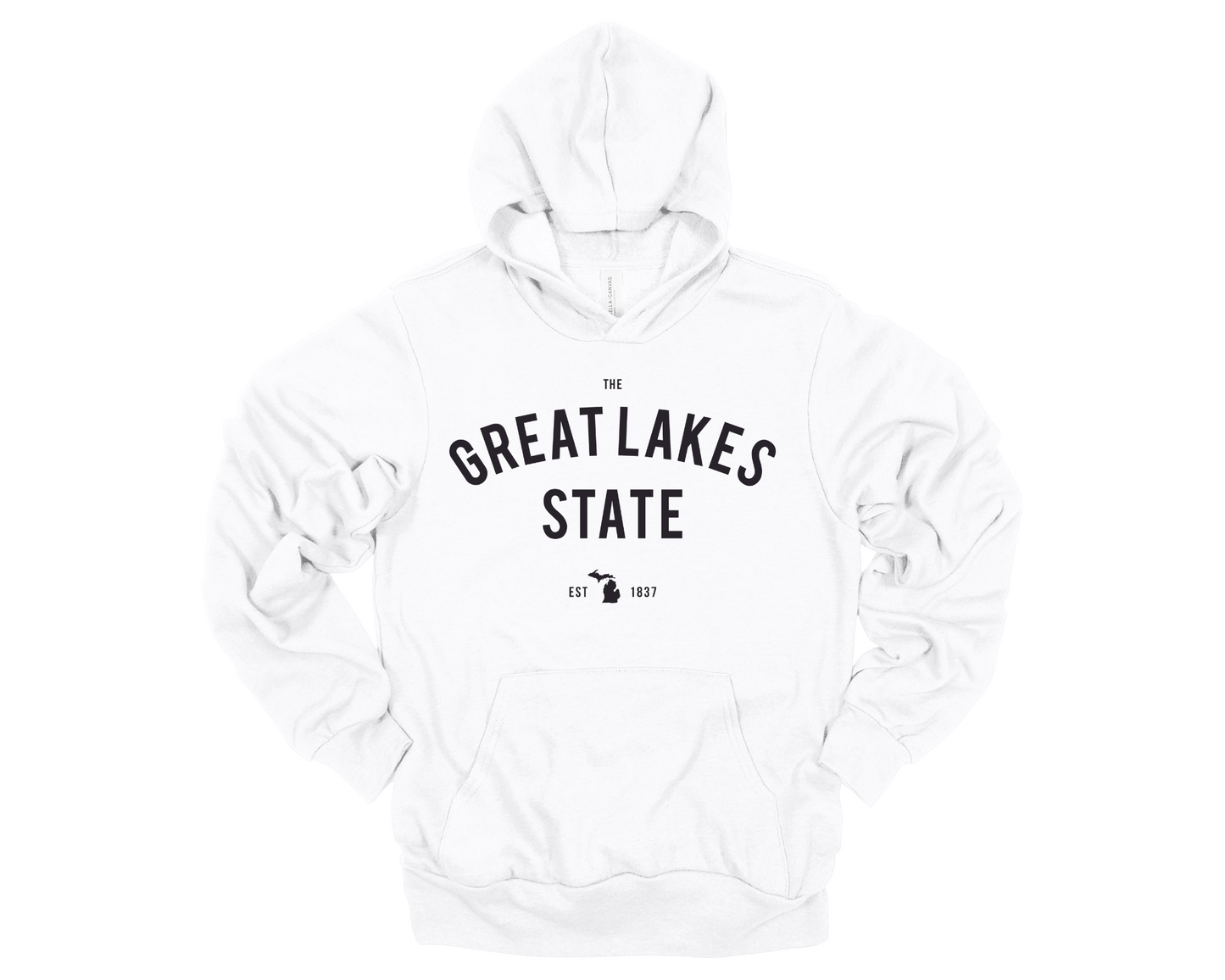 Cozy white hoodie with Michigan pride design displayed in a modern, neutral-toned setting.