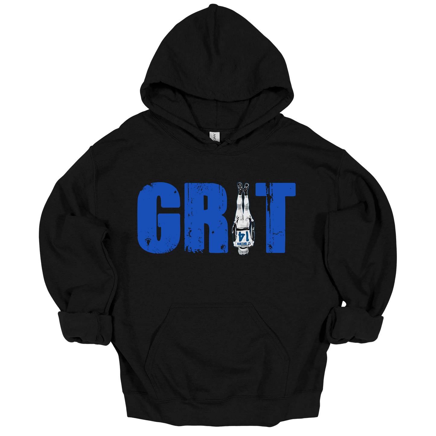 A black hoodie featuring the word 'GRIT' in bold, distressed blue capital letters. The letter 'I' is creatively replaced with the iconic headstand pose from Amon-Ra St. Brown wearing a white Detroit uniform, emphasizing toughness and resilience. The design has a gritty, determined feel, perfect for Detroit football fans.
