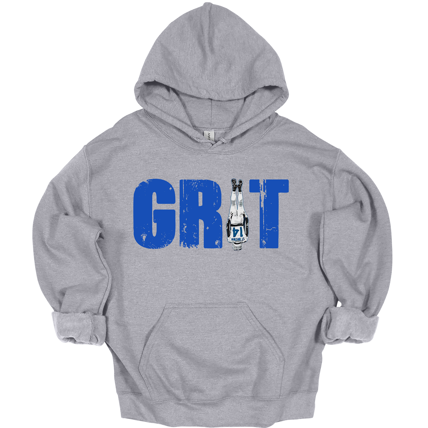 A gray hoodie featuring the word 'GRIT' in bold, distressed blue capital letters. The letter 'I' is creatively replaced with the iconic headstand pose from Amon-Ra St. Brown wearing a white Detroit uniform, emphasizing toughness and resilience. The design has a gritty, determined feel, perfect for Detroit football fans.