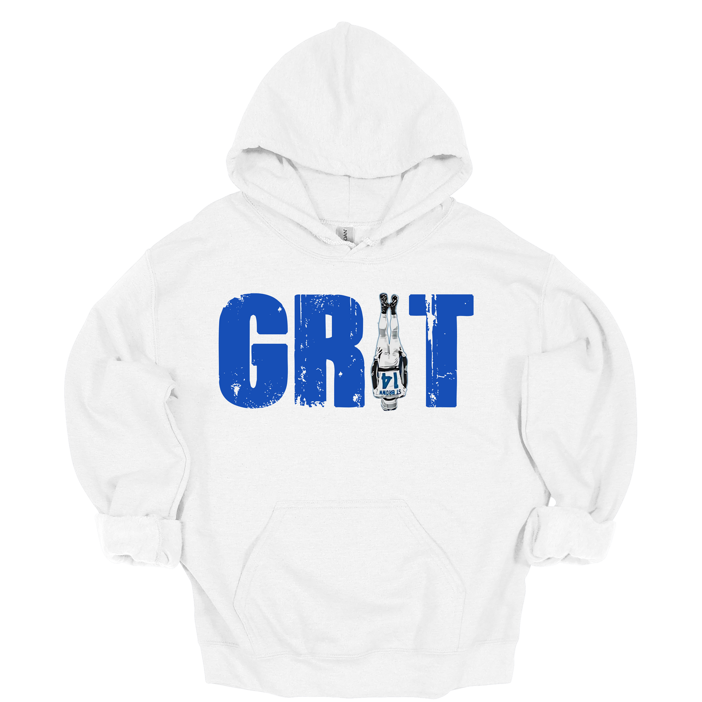 A white hoodie featuring the word 'GRIT' in bold, distressed blue capital letters. The letter 'I' is creatively replaced with the iconic headstand pose from Amon-Ra St. Brown wearing a white Detroit uniform, emphasizing toughness and resilience. The design has a gritty, determined feel, perfect for Detroit football fans.