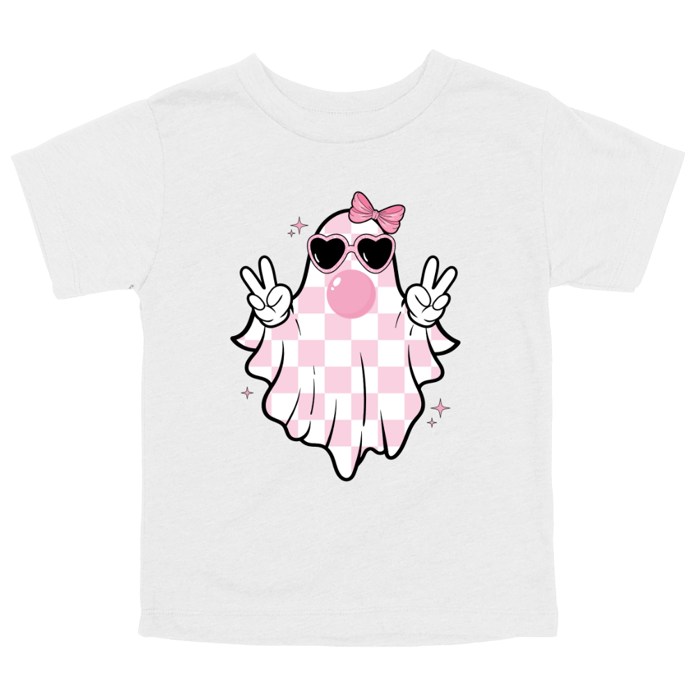 Toddler white Halloween T-shirt with a checkered ghost wearing sunglasses, a bow, and blowing bubblegum while flashing peace signs.