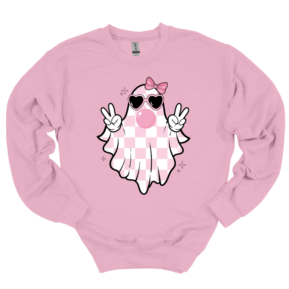 Pink checkered ghost with peace signs, heart sunglasses, and a bow blowing bubblegum – printed on a youth pink hoodie.