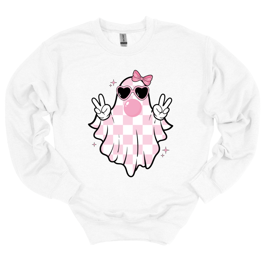 Pink checkered ghost with peace signs, heart sunglasses, and a bow blowing bubblegum – printed on a youth white hoodie.