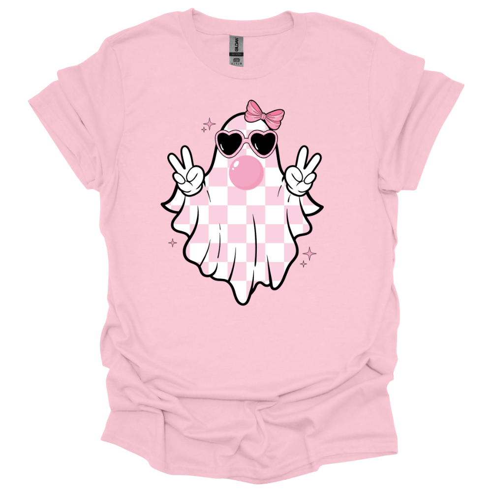 Pink checkered ghost with peace signs, heart sunglasses, and a bow blowing bubblegum – printed on a youth pink t-shirt.