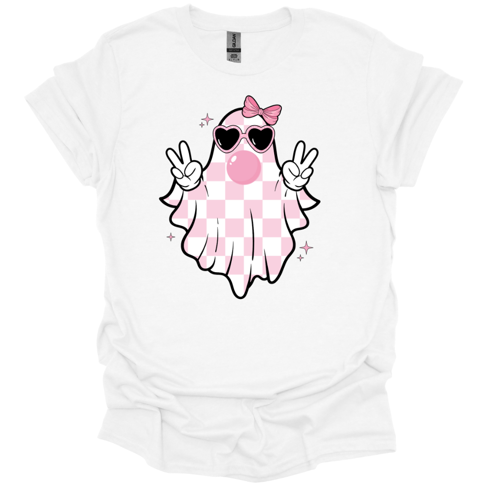 Pink checkered ghost with peace signs, heart sunglasses, and a bow blowing bubblegum – printed on a youth white t-shirt.