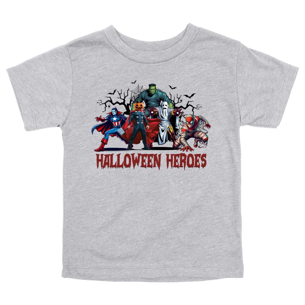 Light Gray Toddler Halloween tee with cartoon-style hero characters and "Halloween Heroes" text