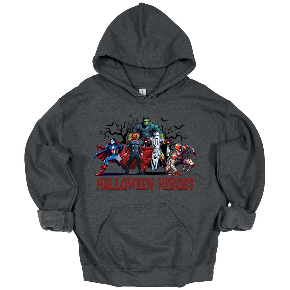 Youth Halloween shirt with superhero characters in spooky costumes and text "Halloween Heroes" on dark gray hoodie