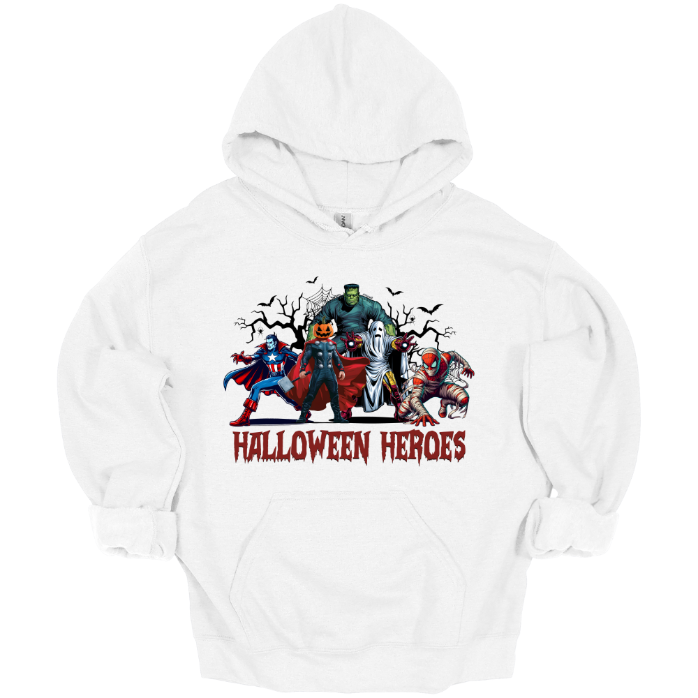 Youth Halloween shirt with superhero characters in spooky costumes and text "Halloween Heroes" on white hoodie