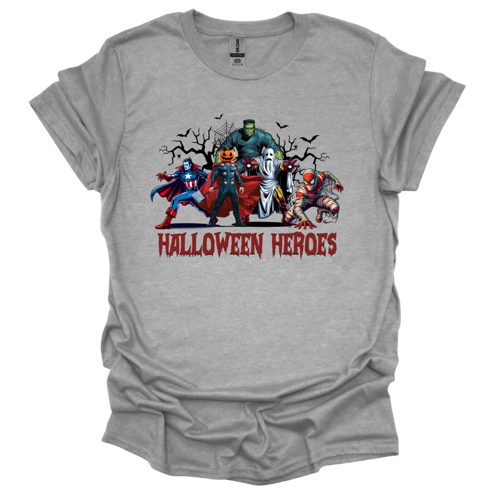 Youth Halloween shirt with superhero characters in spooky costumes and text "Halloween Heroes" on light gray tee.