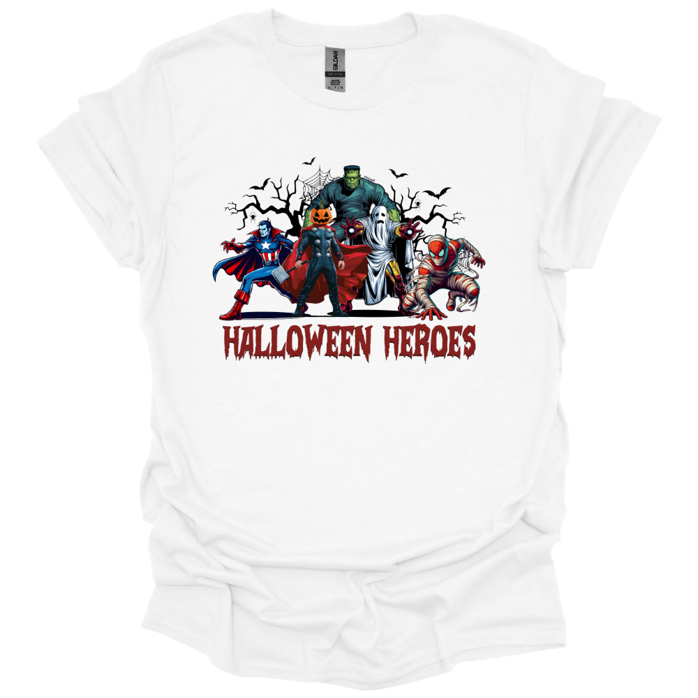 Youth Halloween shirt with superhero characters in spooky costumes and text "Halloween Heroes" on white tee.