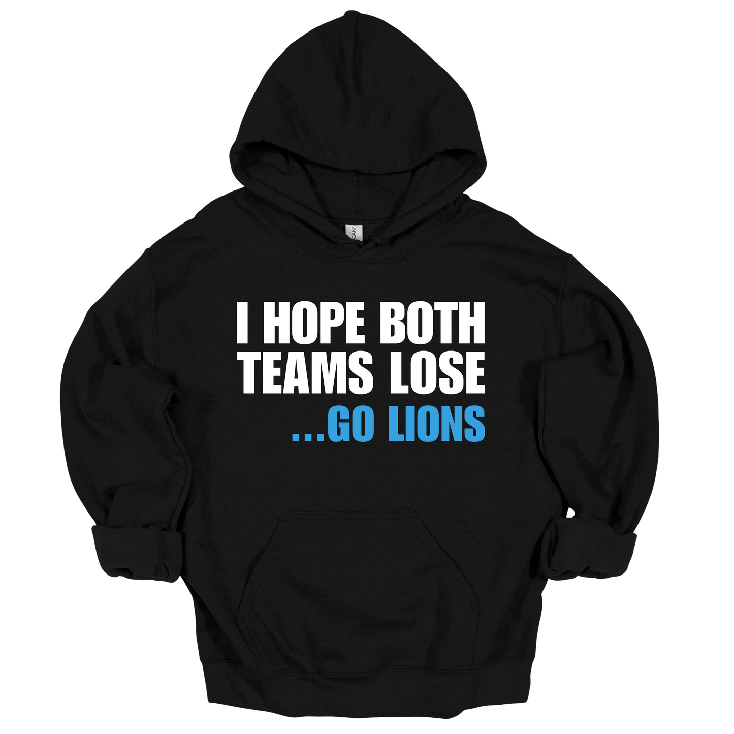Black hoodie with bold white and blue phrase showing Detroit football rivalry attitude