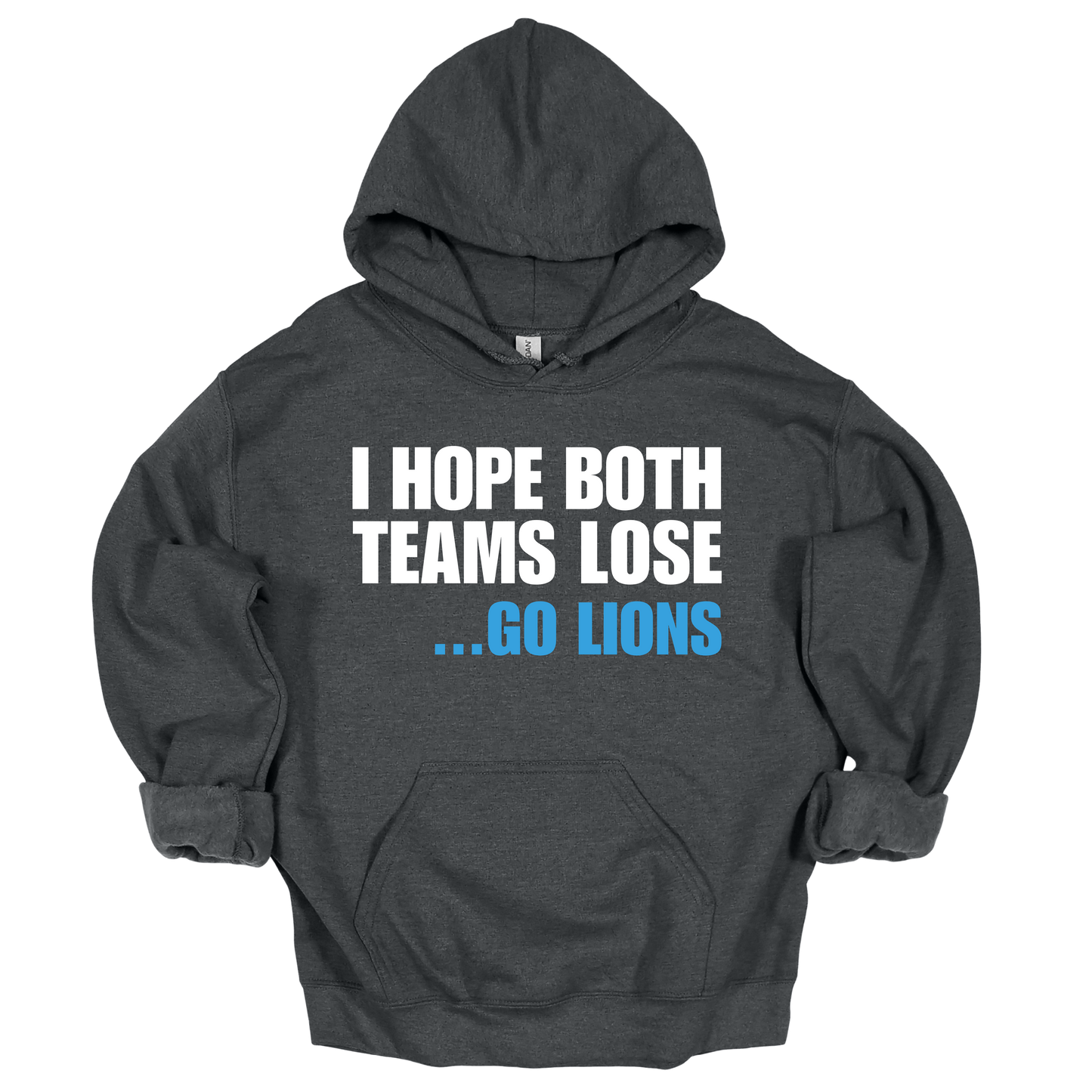 Charcoal Heather hoodie with bold white and blue phrase showing Detroit football rivalry attitude