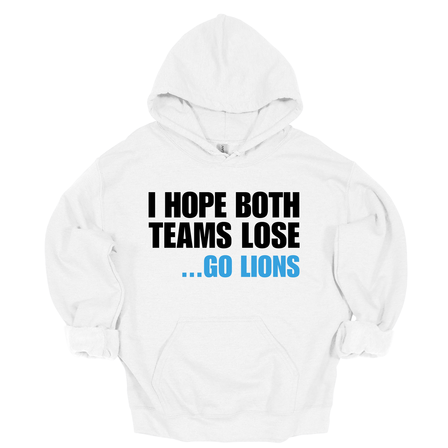White hoodie with bold white and blue phrase showing Detroit football rivalry attitude