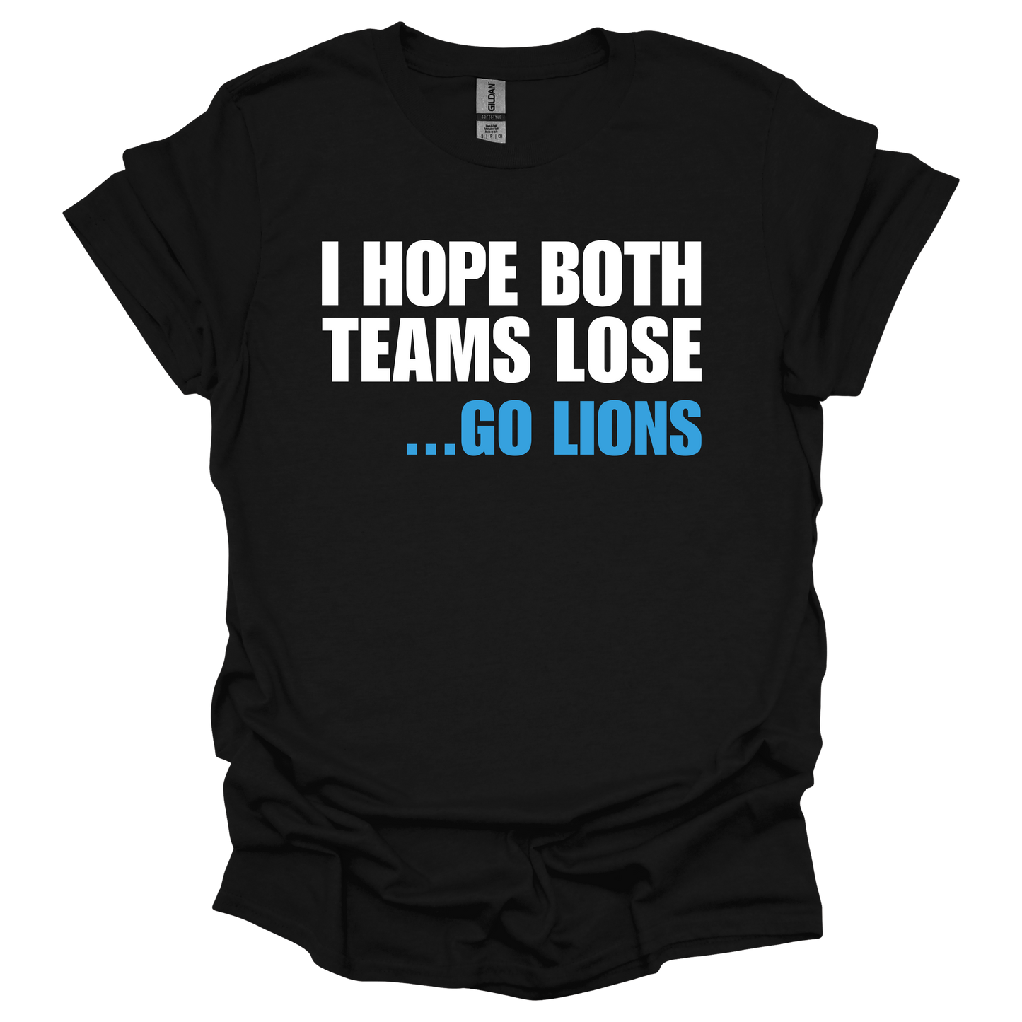 Black T-shirt with bold white and blue Detroit football-themed phrase