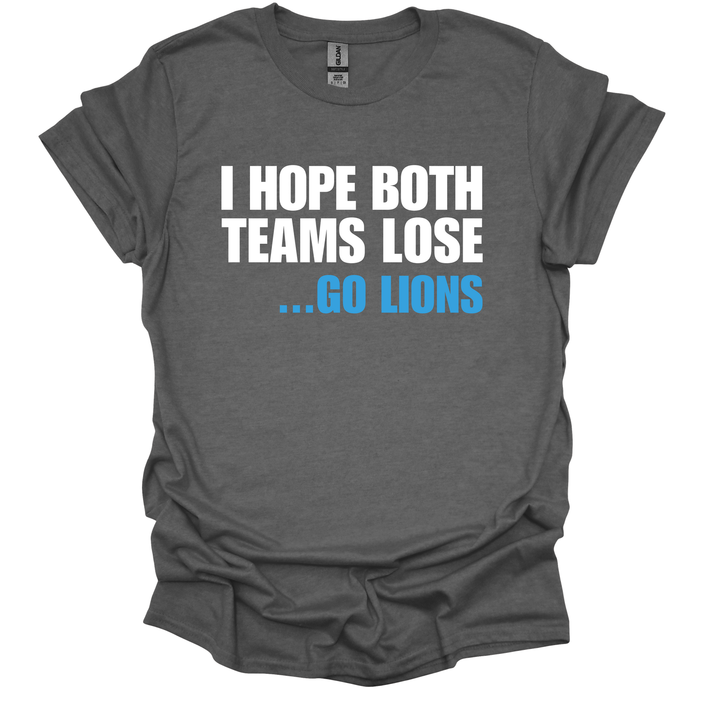Graphite colored T-shirt with bold white and blue Detroit football-themed phrase