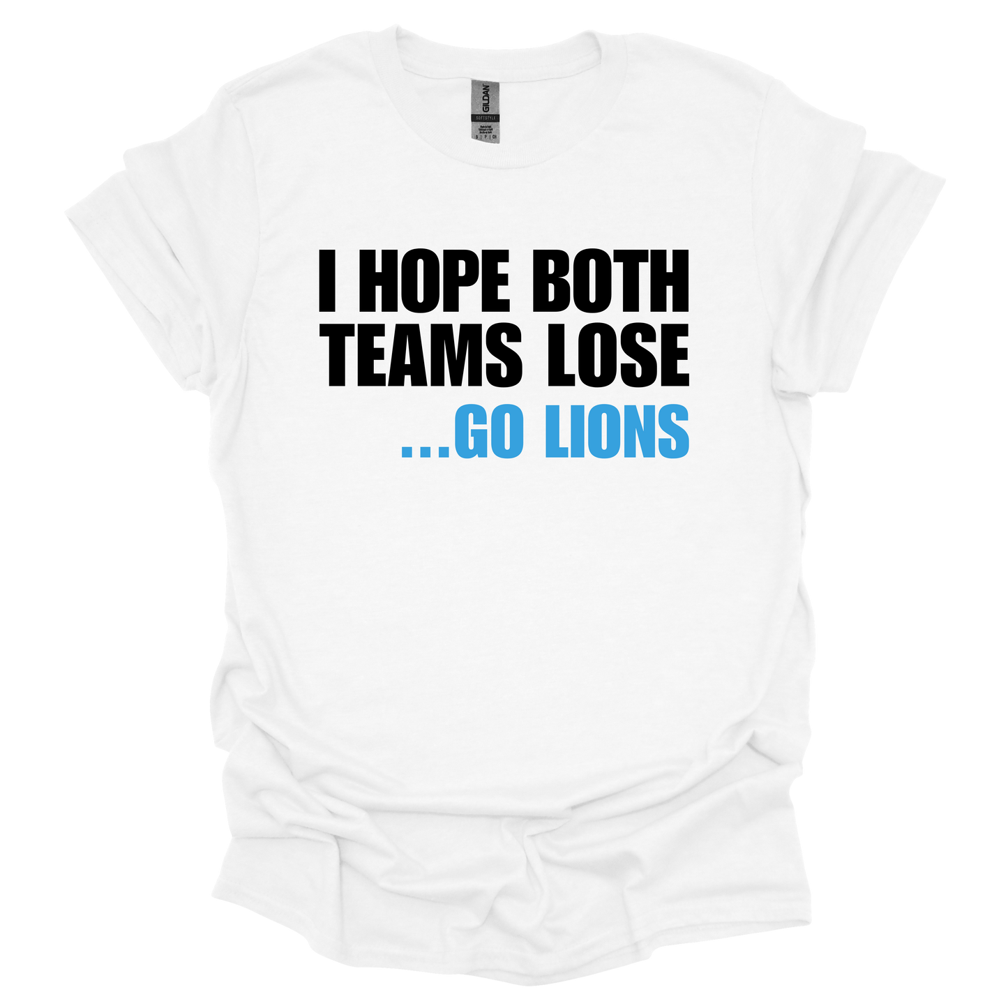 White T-shirt with bold white and blue Detroit football-themed phrase