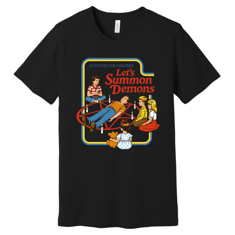 Let’s Summon Demons Tee - black
Retro-style graphic t-shirt with cartoon children around a pentagram and text reading “Let’s Summon Demons”